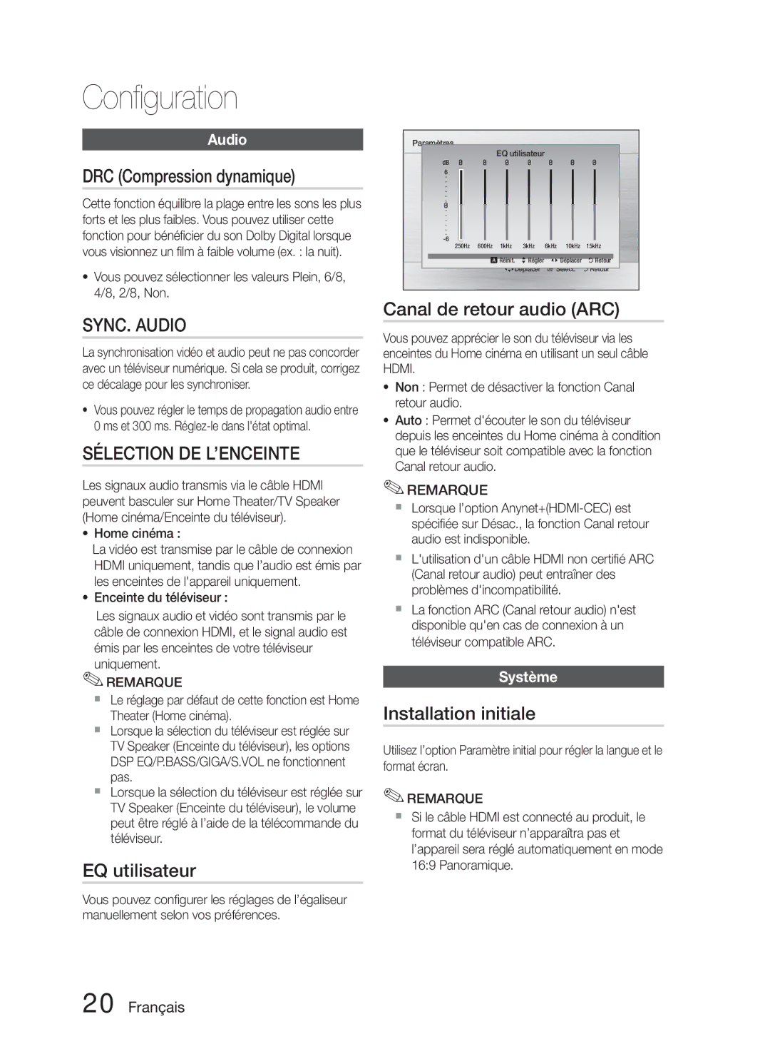 Samsung HT-E321/ZF manual DRC Compression dynamique, EQ utilisateur, Canal de retour audio ARC, Installation initiale 