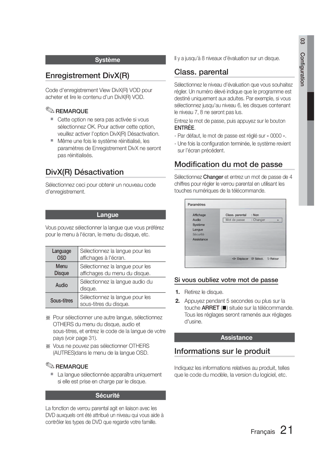 Samsung HT-E321/ZF manual Enregistrement DivXR, DivXR Désactivation, Class. parental, Modification du mot de passe 