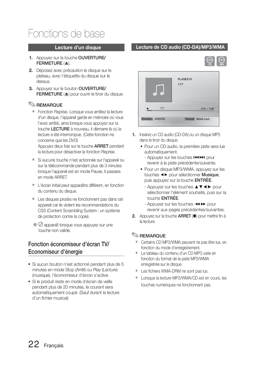 Samsung HT-E321/ZF manual Fonctions de base, Lecture d’un disque, Lecture de CD audio CD-DA/MP3/WMA 