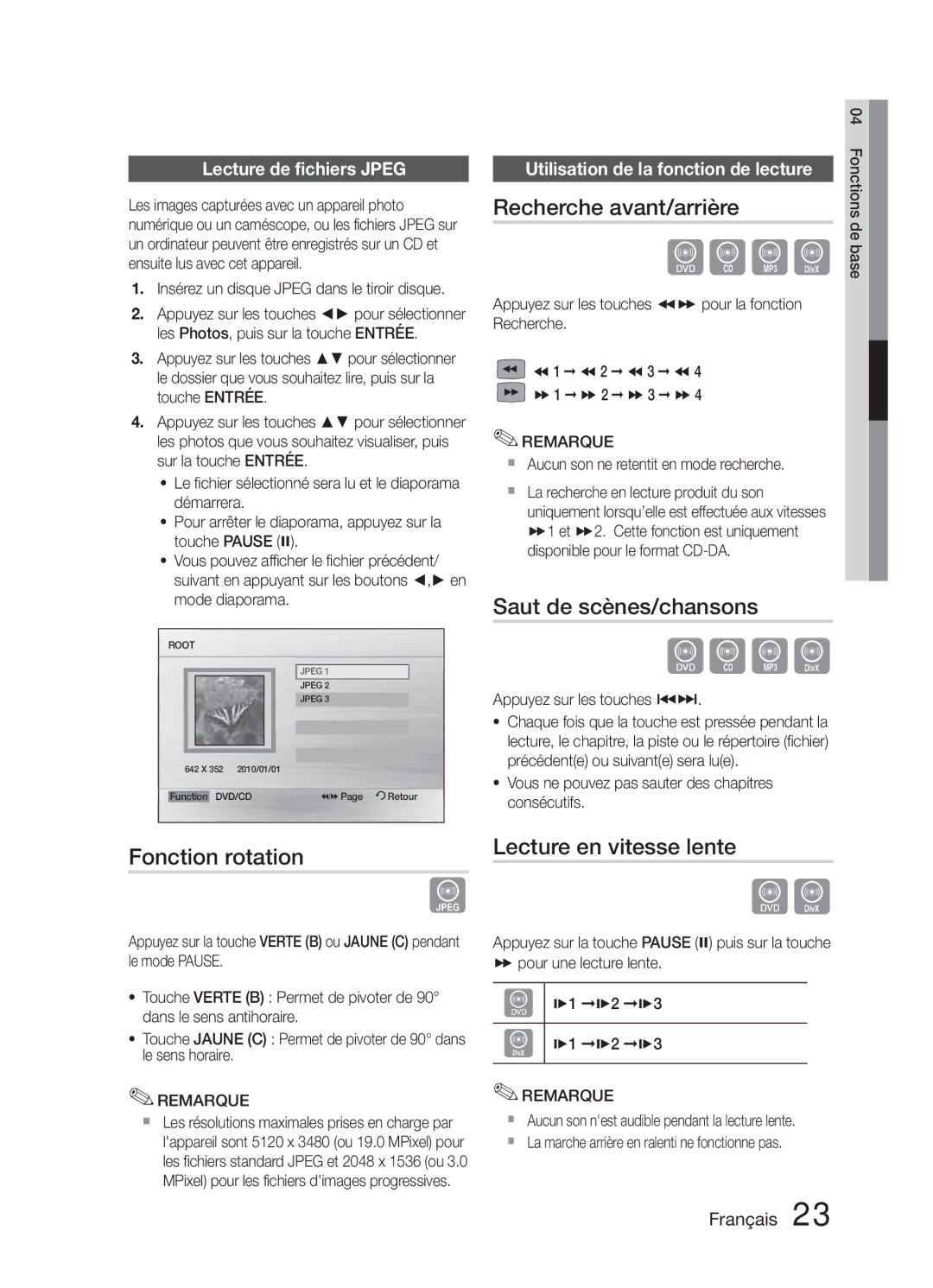 Samsung HT-E321/ZF manual Recherche avant/arrière, Saut de scènes/chansons, Fonction rotation Lecture en vitesse lente 