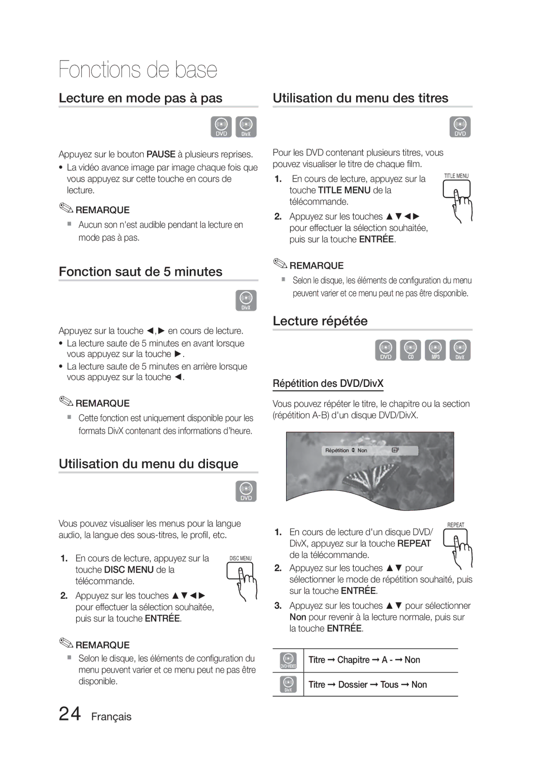 Samsung HT-E321/ZF Lecture en mode pas à pas, Fonction saut de 5 minutes, Utilisation du menu du disque, Lecture répétée 