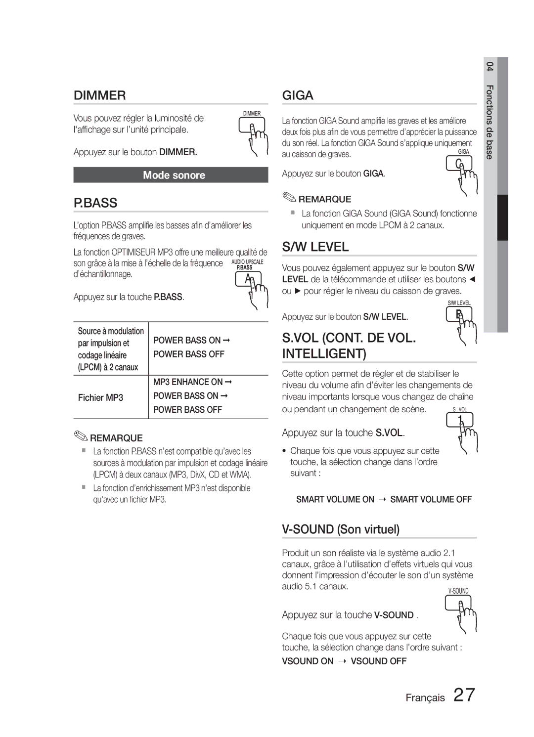 Samsung HT-E321/ZF manual Sound Son virtuel, Appuyez sur la touche V-SOUND, Smart Volume on Smart Volume OFF 