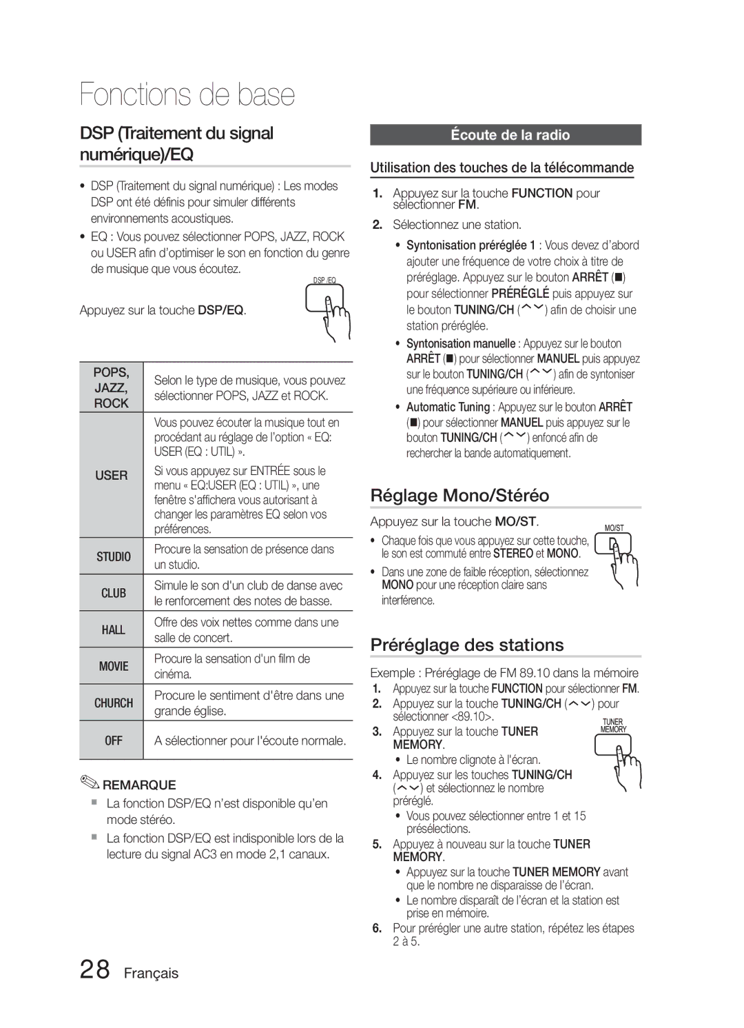 Samsung HT-E321/ZF DSP Traitement du signal numérique/EQ, Réglage Mono/Stéréo, Préréglage des stations, Écoute de la radio 