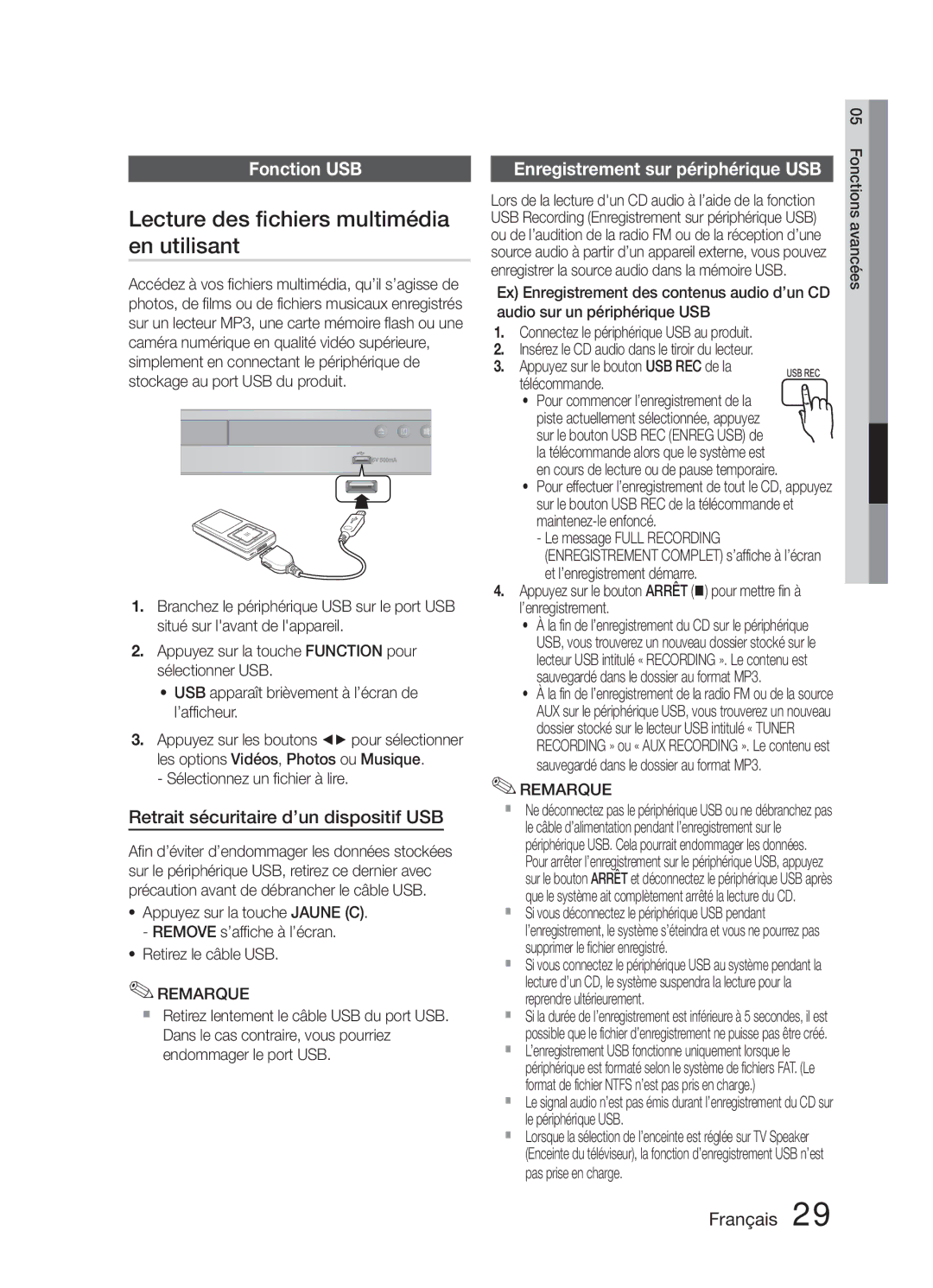 Samsung HT-E321/ZF Lecture des fichiers multimédia en utilisant, Fonction USB, Retrait sécuritaire d’un dispositif USB 