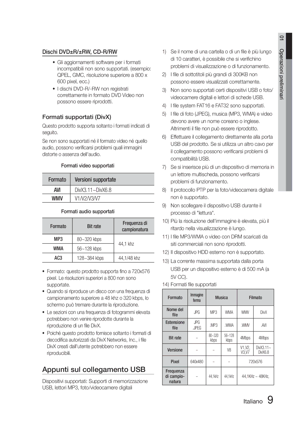 Samsung HT-E321/ZF manual Appunti sul collegamento USB, Dischi DVD±R/±RW, CD-R/RW, Formati supportati DivX 