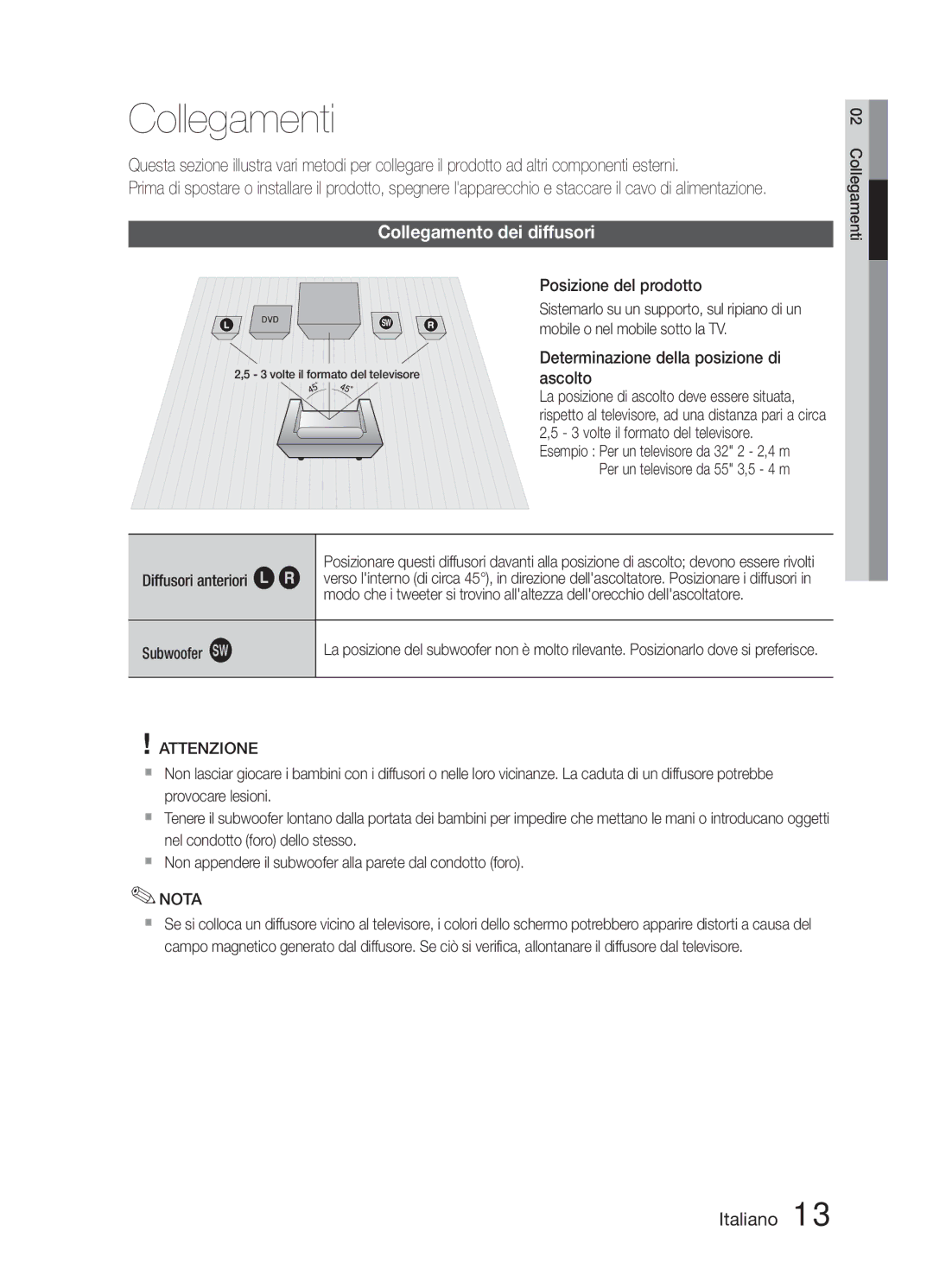 Samsung HT-E321/ZF manual Collegamenti, Collegamento dei diffusori, Attenzione 