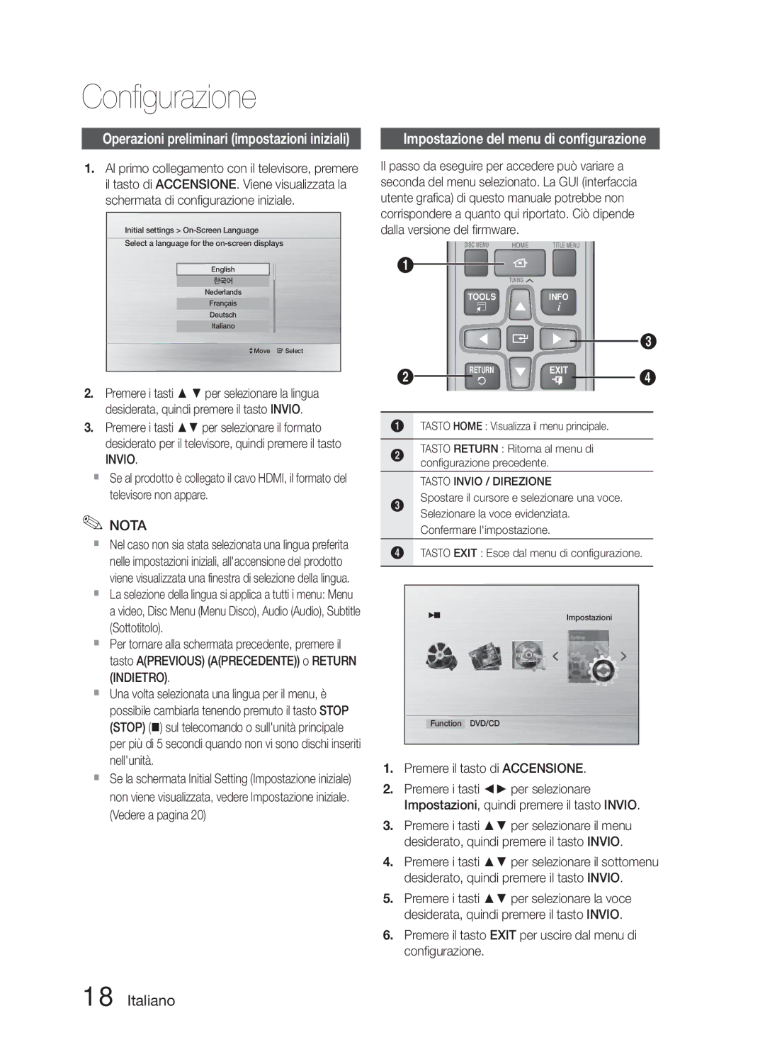 Samsung HT-E321/ZF manual Configurazione, Impostazione del menu di configurazione, Invio, Premere il tasto di Accensione 