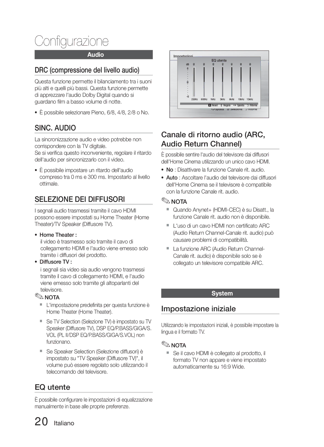 Samsung HT-E321/ZF manual DRC compressione del livello audio, EQ utente, Canale di ritorno audio ARC, Audio Return Channel 