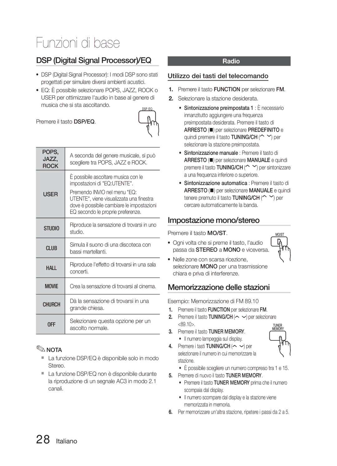 Samsung HT-E321/ZF manual DSP Digital Signal Processor/EQ, Impostazione mono/stereo, Memorizzazione delle stazioni, Radio 