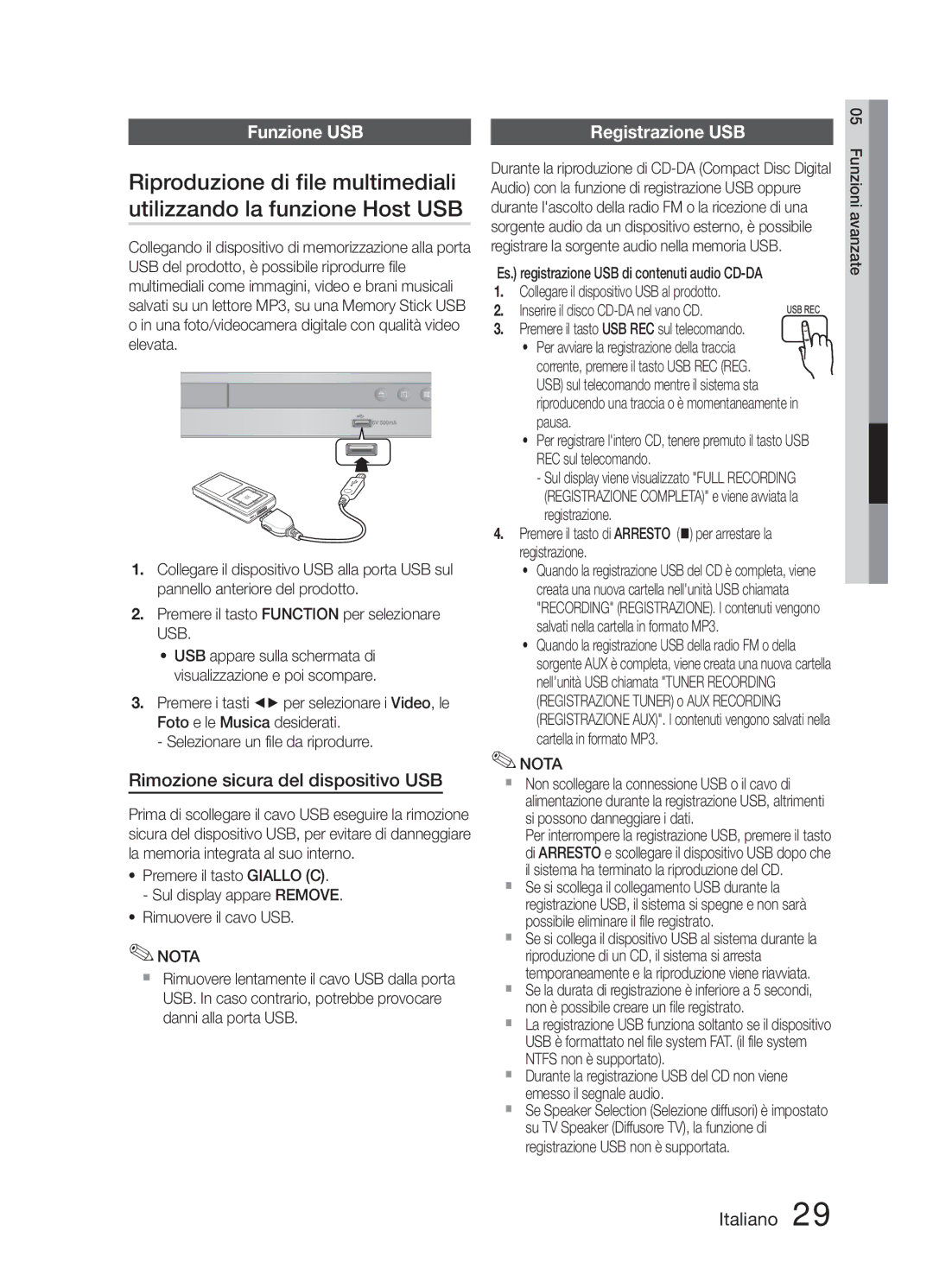 Samsung HT-E321/ZF manual Funzione USB, Rimozione sicura del dispositivo USB, Registrazione USB 