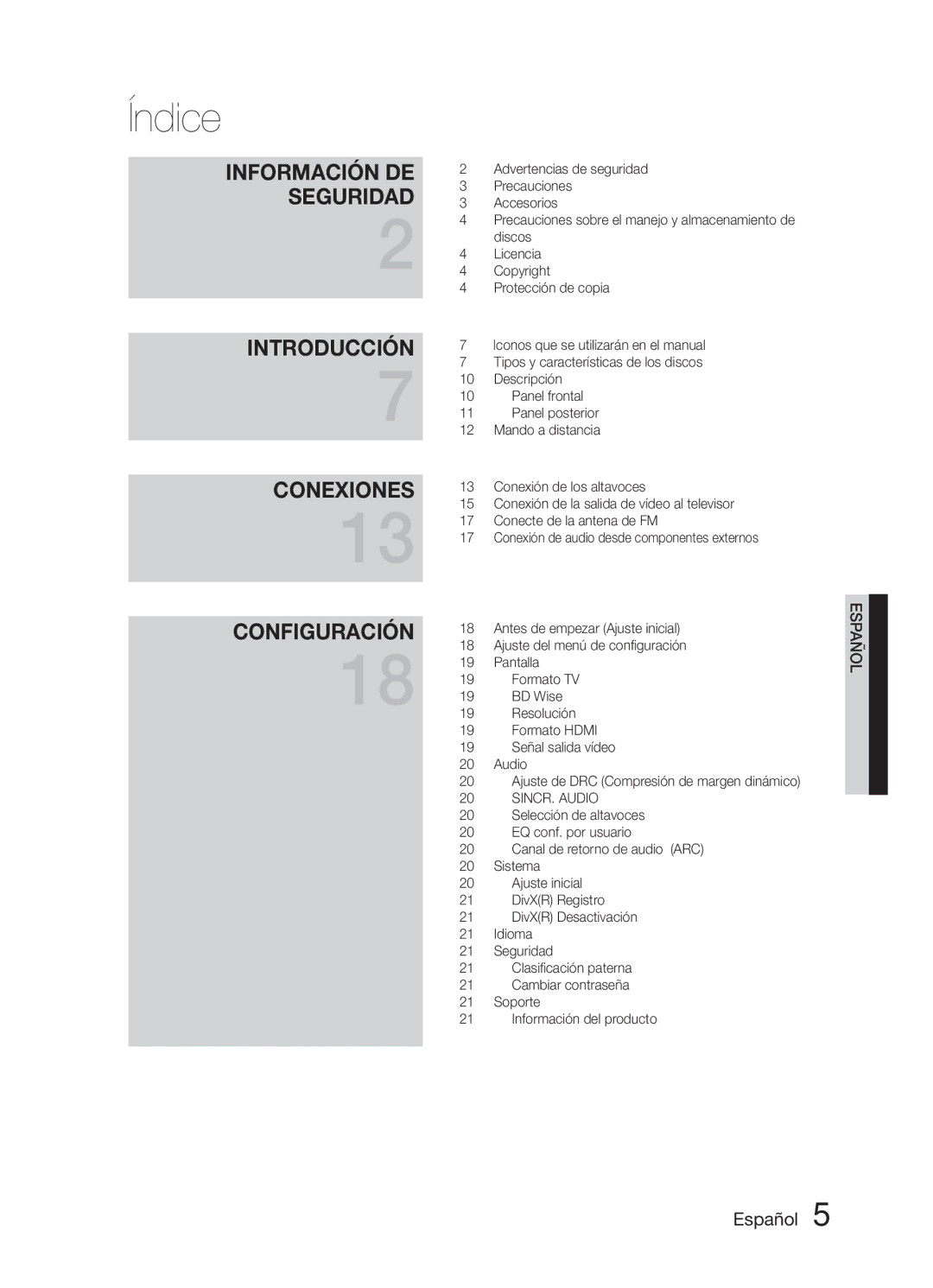 Samsung HT-E321/ZF manual Índice, Descripción, Panel frontal, Panel posterior, Mando a distancia 