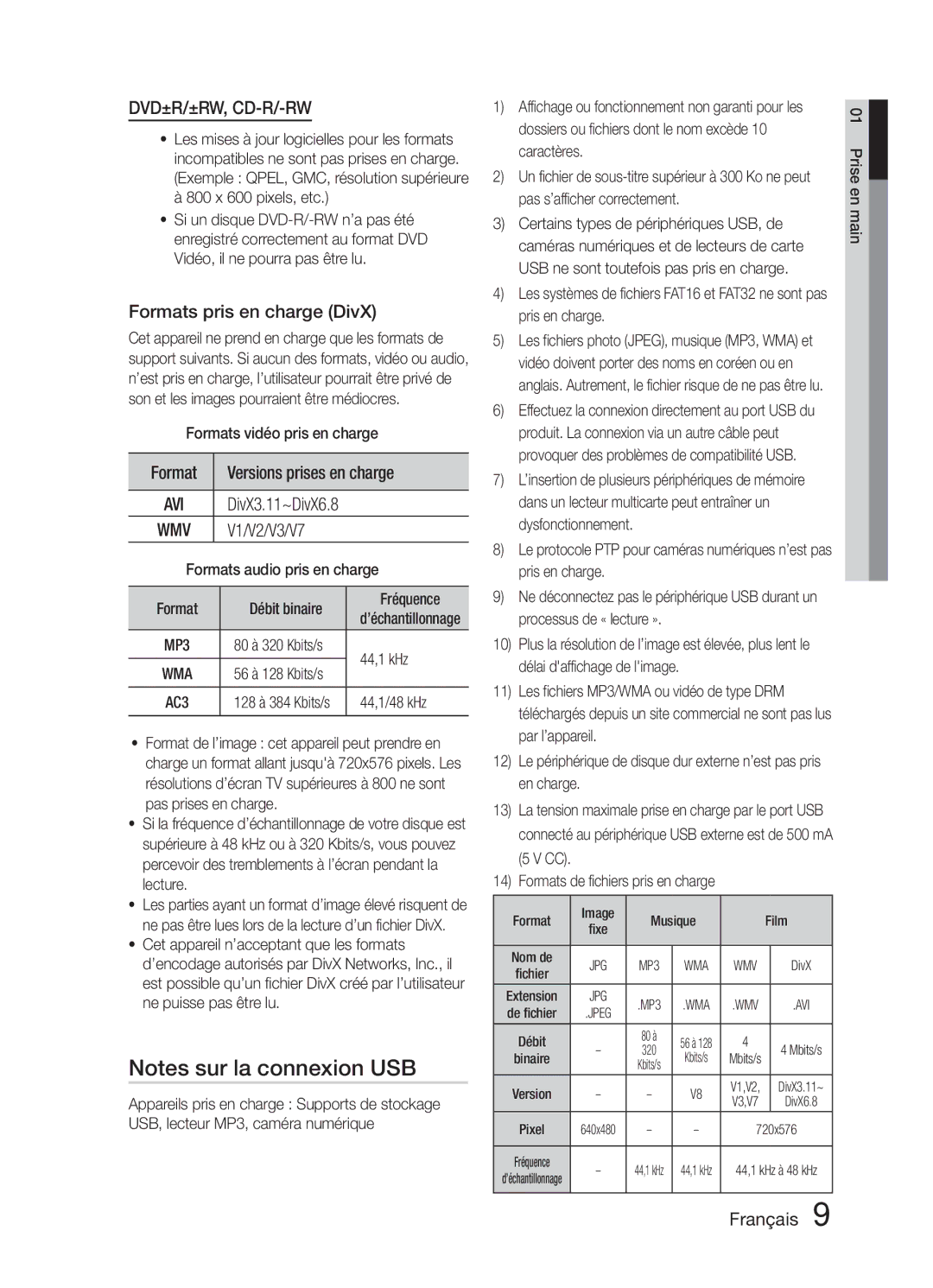 Samsung HT-E321/ZF manual Formats pris en charge DivX, Format Versions prises en charge, V1/V2/V3/V7 