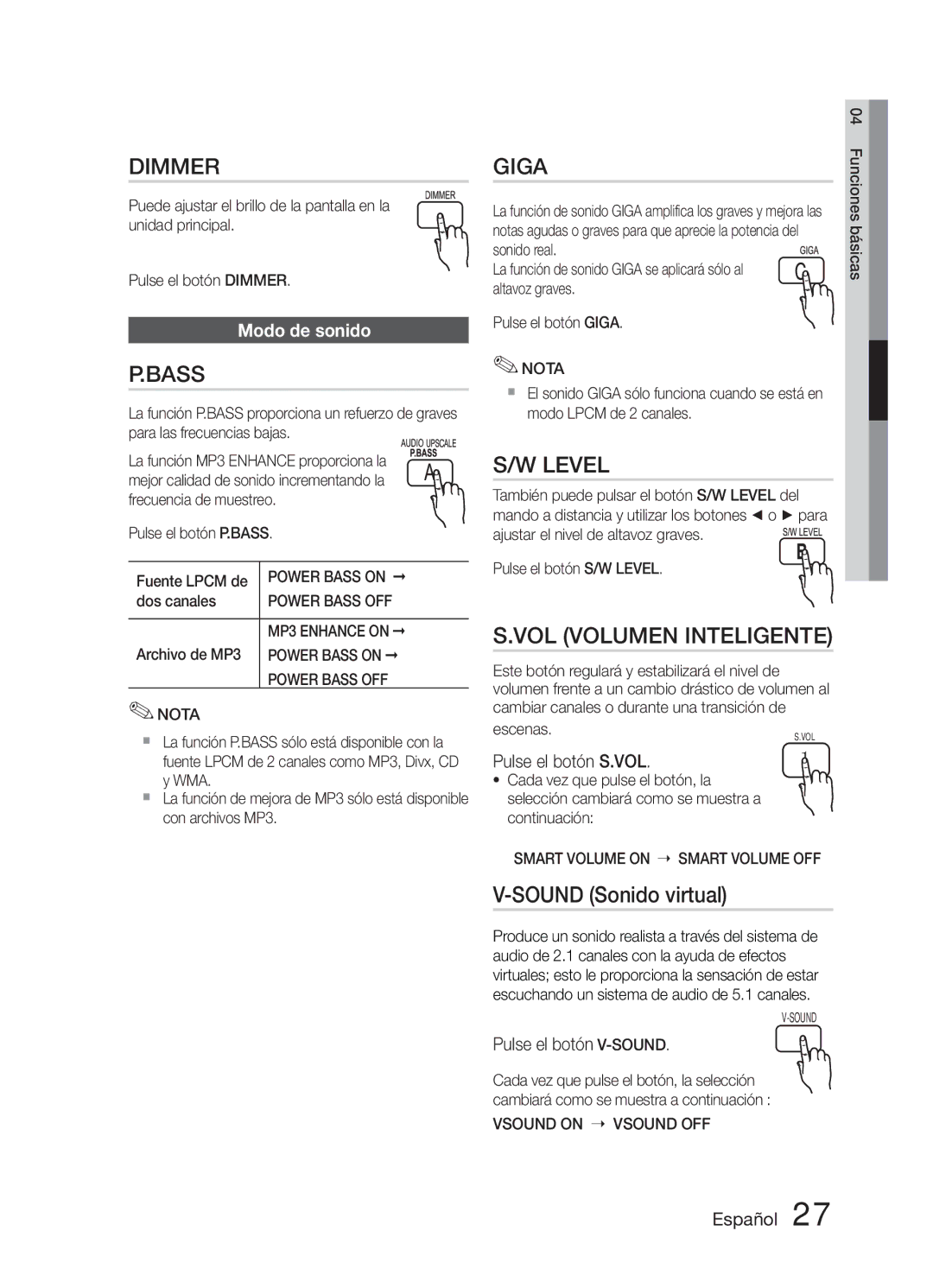 Samsung HT-E321/ZF manual Sound Sonido virtual, Modo de sonido, Pulse el botón S.VOL, Pulse el botón V-SOUND 