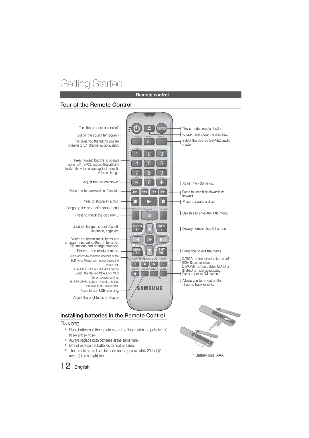 Samsung HT-E321/ZF manual Tour of the Remote Control, Installing batteries in the Remote Control, Remote control 