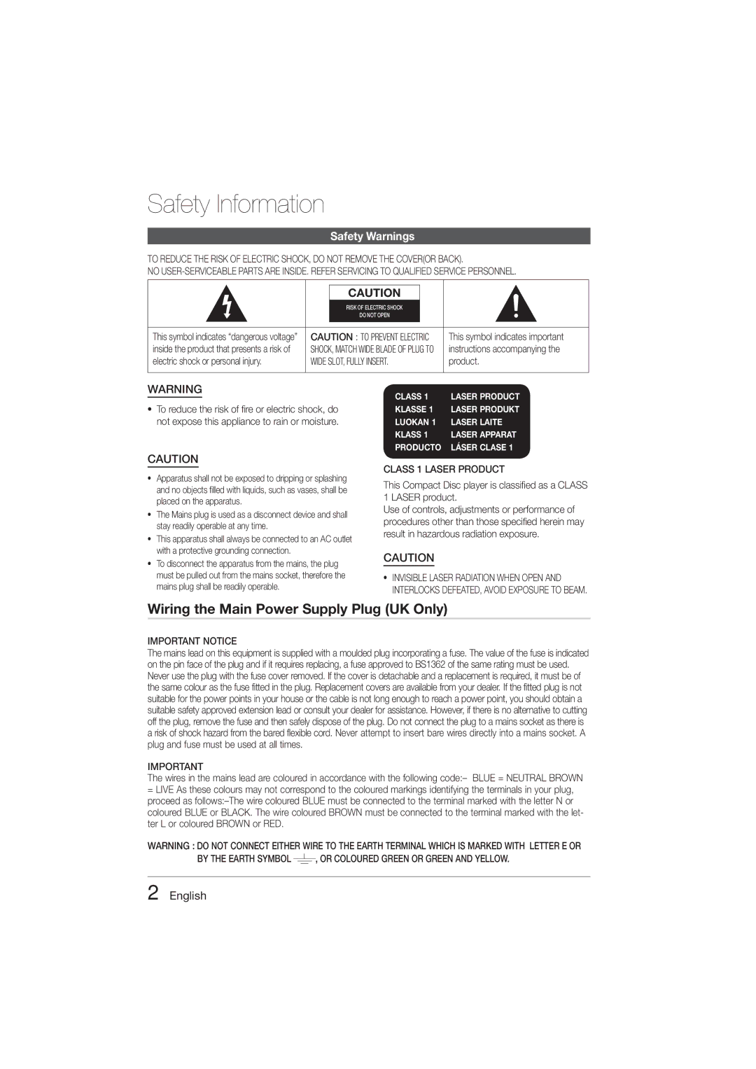 Samsung HT-E321/ZF manual Safety Information, Safety Warnings, English 