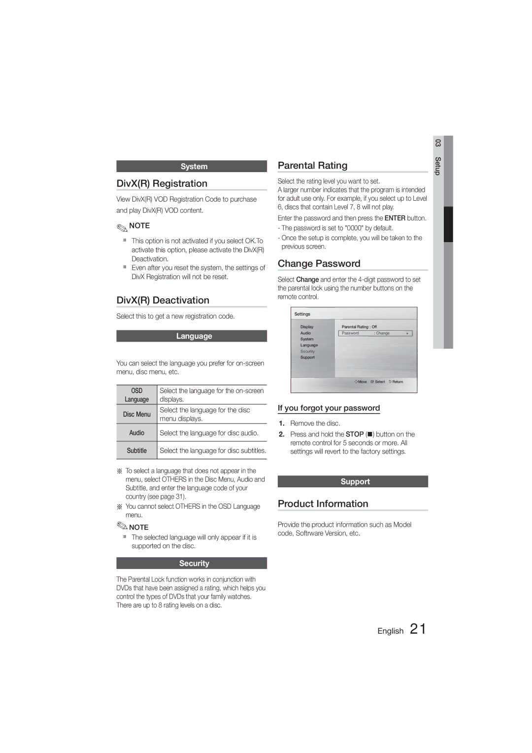 Samsung HT-E321/ZF manual DivXR Registration, DivXR Deactivation, Parental Rating, Change Password, Product Information 