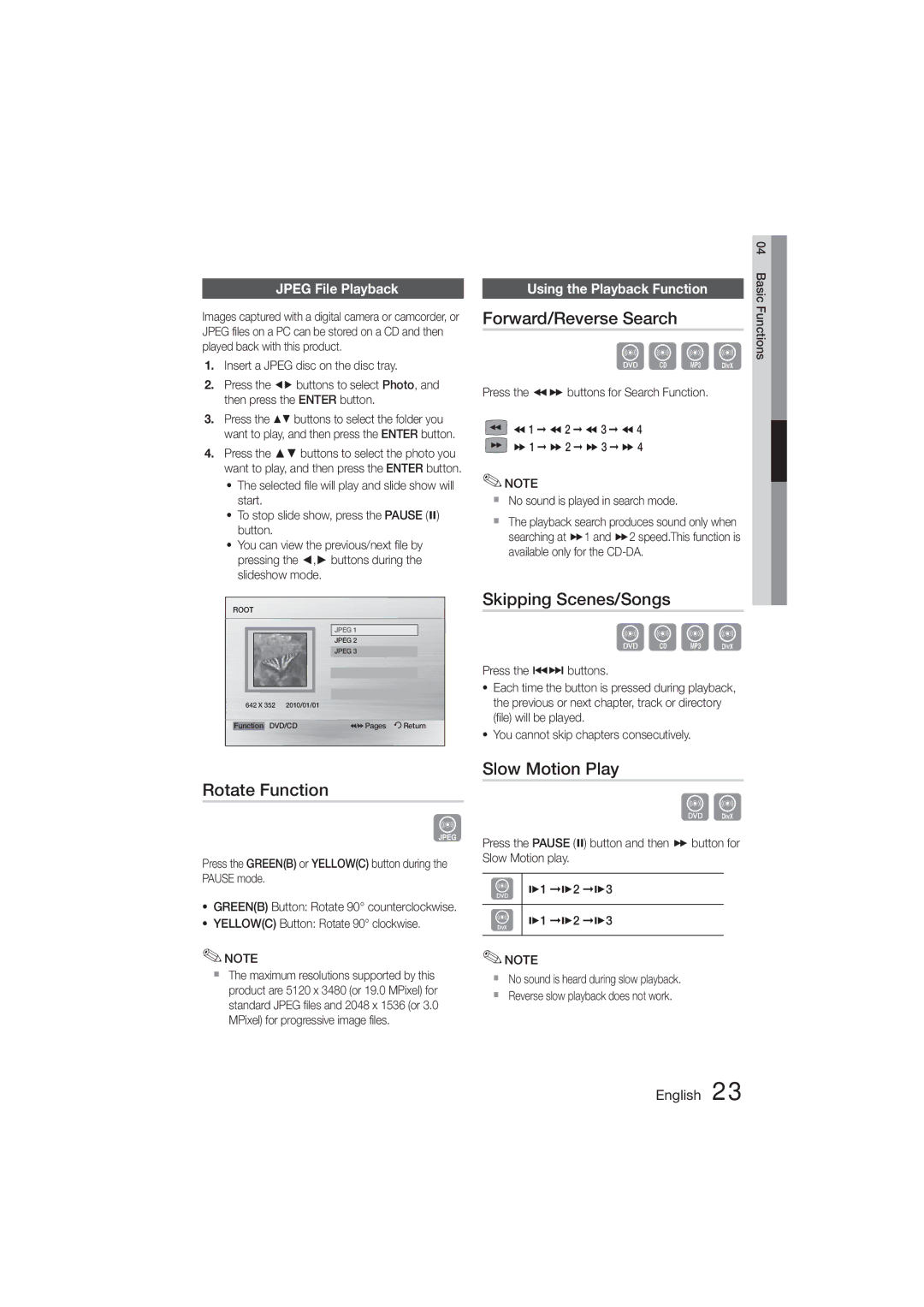 Samsung HT-E321/ZF manual Forward/Reverse Search, Rotate Function, Jpeg File Playback, Using the Playback Function 