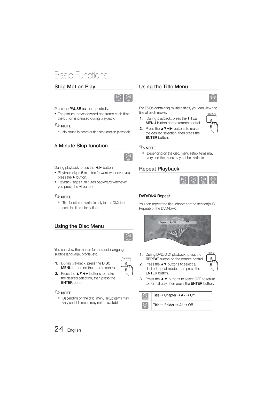 Samsung HT-E321/ZF manual Step Motion Play, Minute Skip function, Using the Disc Menu Using the Title Menu, Repeat Playback 