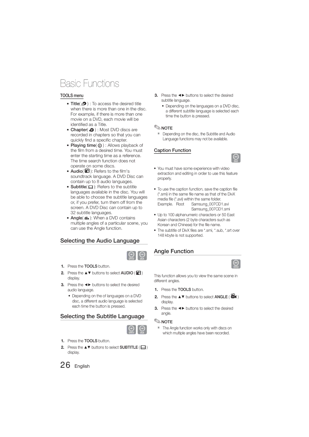 Samsung HT-E321/ZF manual Selecting the Audio Language, Selecting the Subtitle Language, Angle Function, Tools menu 