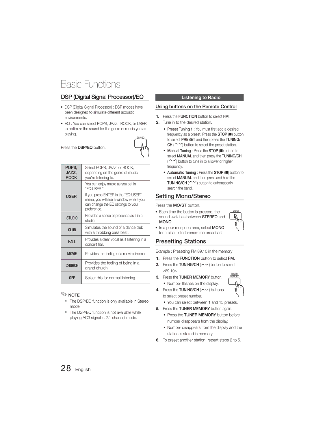 Samsung HT-E321/ZF manual DSP Digital Signal Processor/EQ, Setting Mono/Stereo, Presetting Stations, Listening to Radio 