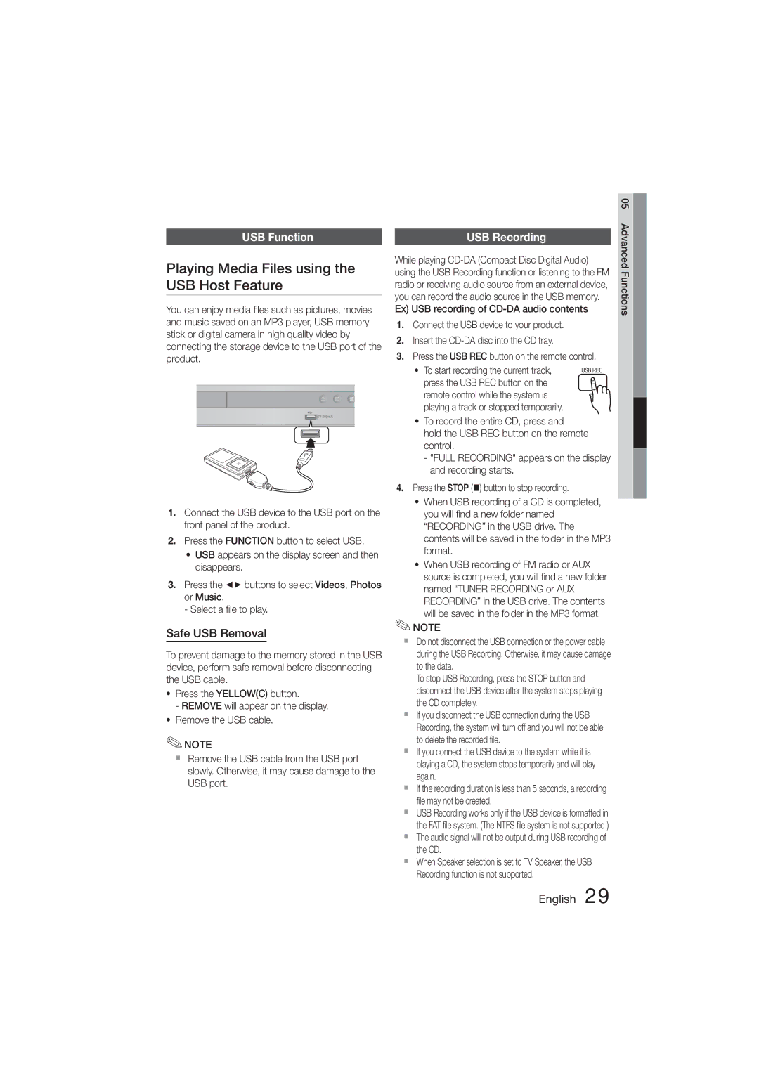 Samsung HT-E321/ZF manual Playing Media Files using the USB Host Feature, USB Function, Safe USB Removal, USB Recording 