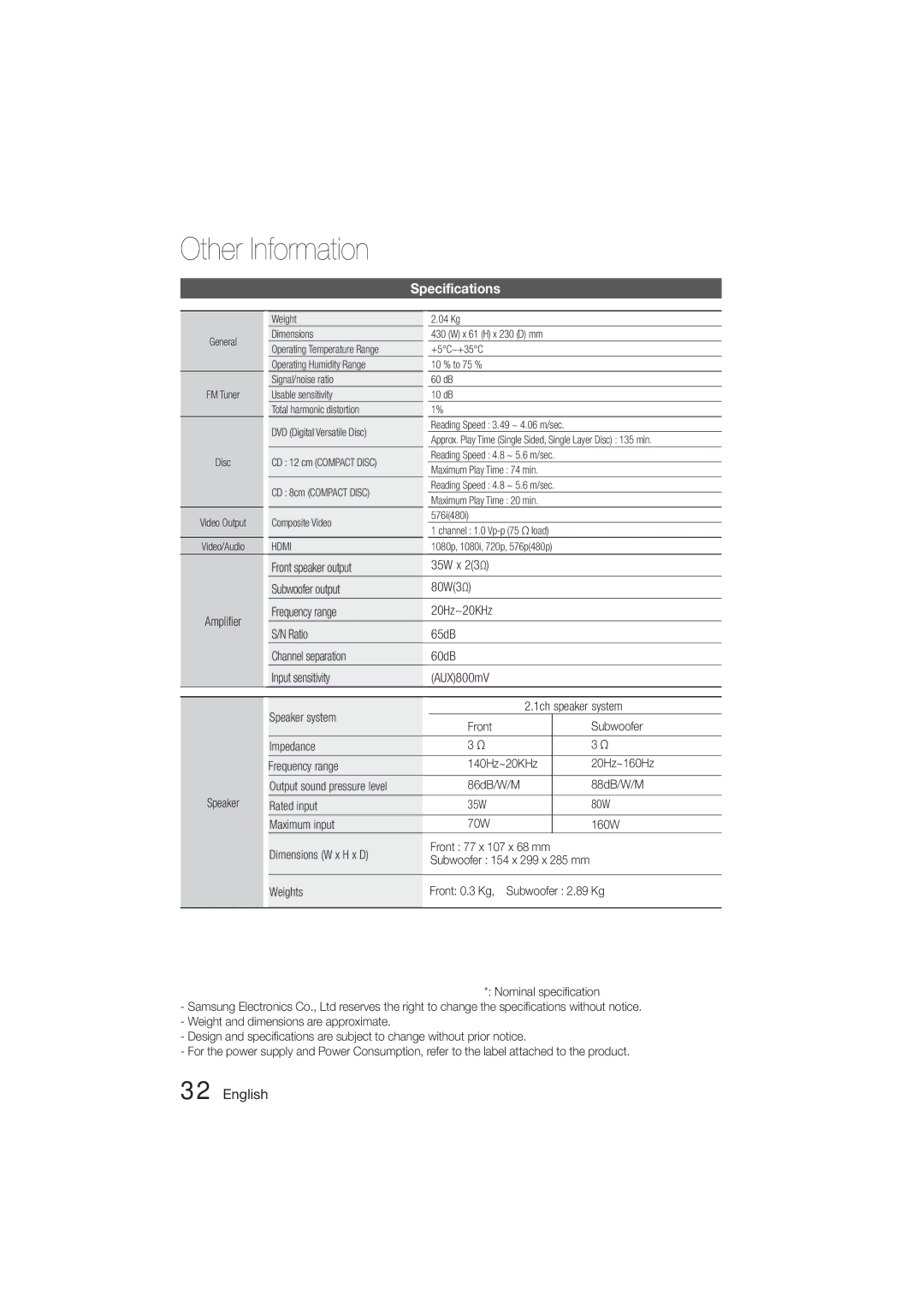 Samsung HT-E321/ZF manual Specifications, Hdmi 