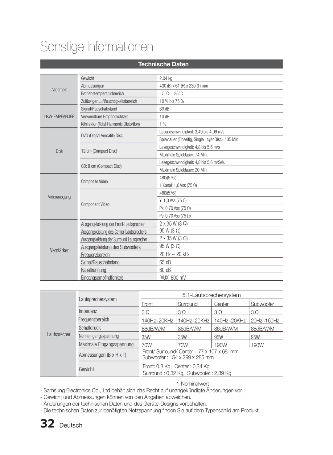 Samsung HT-E330/XE, HT-E330/EN, HT-E330/ZF manual Technische Daten, Verstärker, 35 W 3 Ω, 95 W 3 Ω 