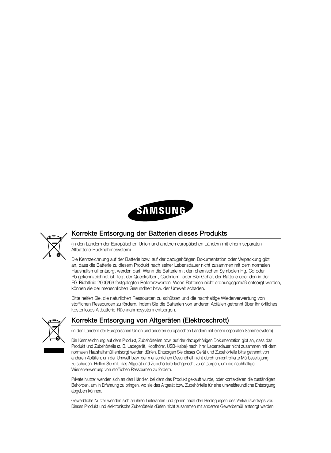 Samsung HT-E330/EN Korrekte Entsorgung der Batterien dieses Produkts, Korrekte Entsorgung von Altgeräten Elektroschrott 