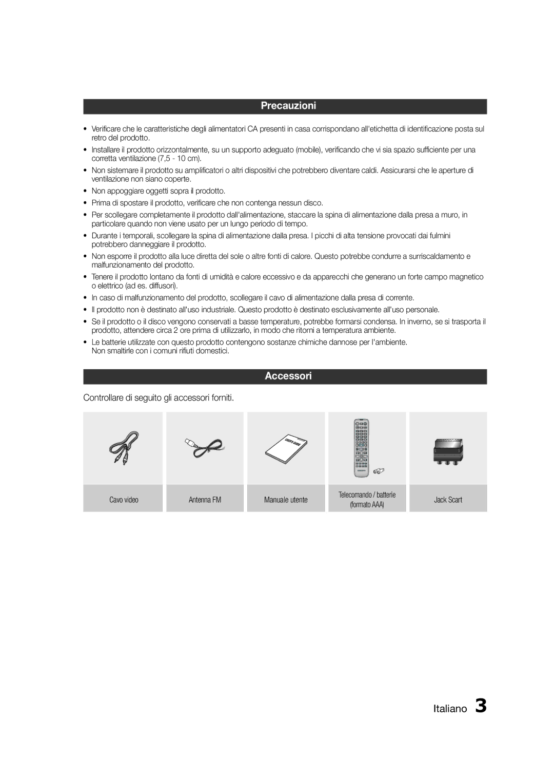 Samsung HT-E330/EN, HT-E330/ZF, HT-E330/XE manual Precauzioni, Accessori, Controllare di seguito gli accessori forniti 