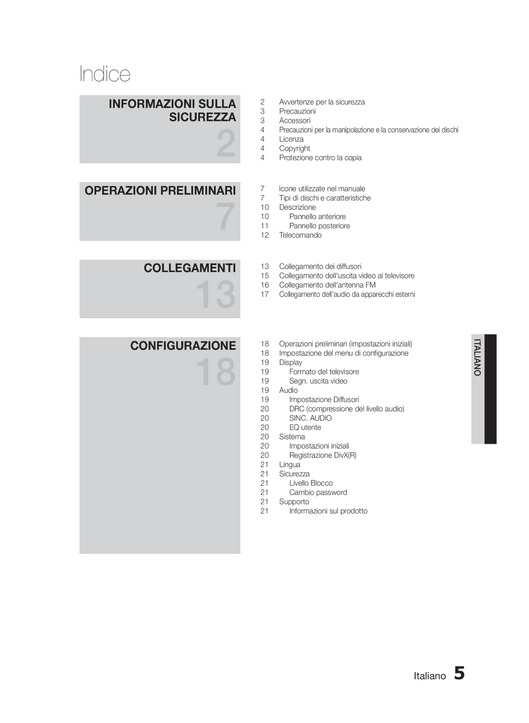 Samsung HT-E330/XE, HT-E330/EN, HT-E330/ZF manual Indice, Avvertenze per la sicurezza Precauzioni Accessori, Licenza 