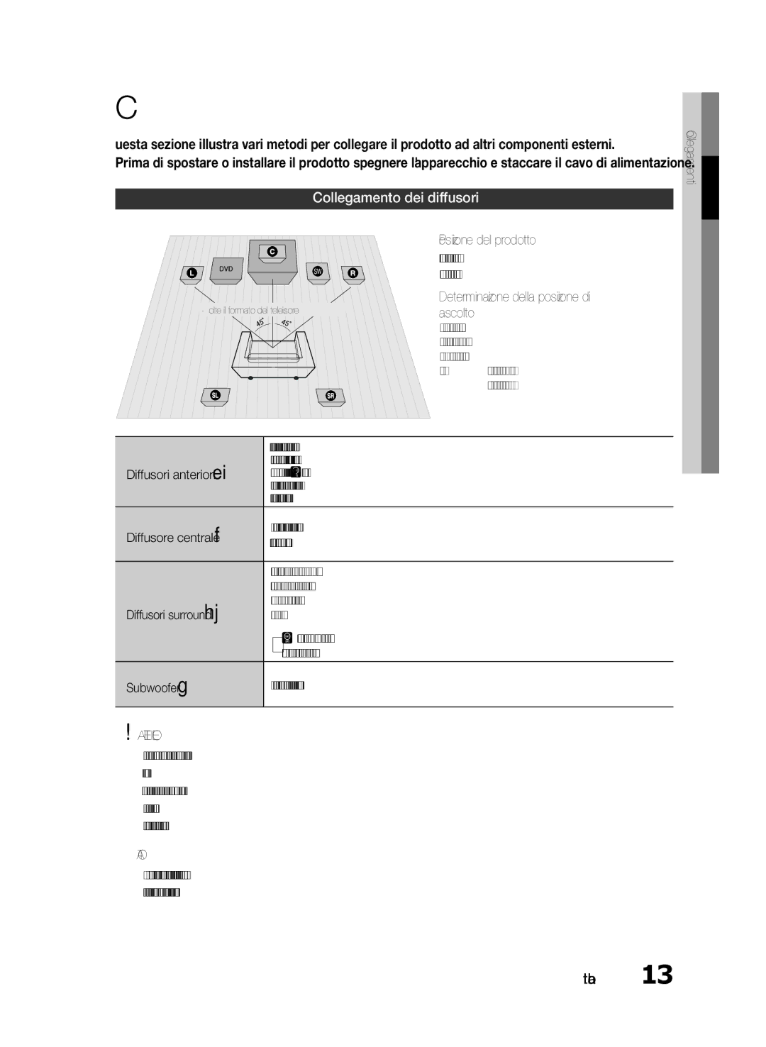 Samsung HT-E330/ZF, HT-E330/EN, HT-E330/XE manual Collegamenti, Collegamento dei diffusori, Attenzione 