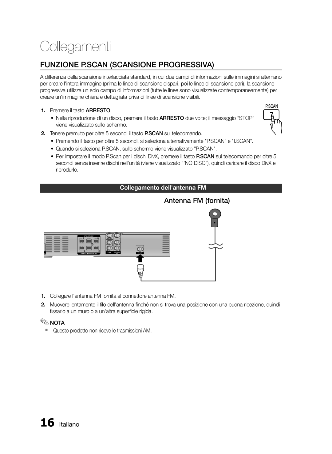 Samsung HT-E330/ZF, HT-E330/EN manual Funzione P.SCAN Scansione Progressiva, Antenna FM fornita, Collegamento dellantenna FM 