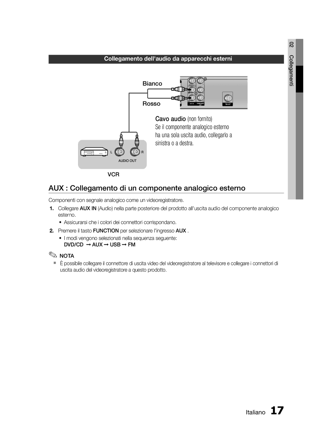 Samsung HT-E330/XE manual AUX Collegamento di un componente analogico esterno, Collegamento dellaudio da apparecchi esterni 