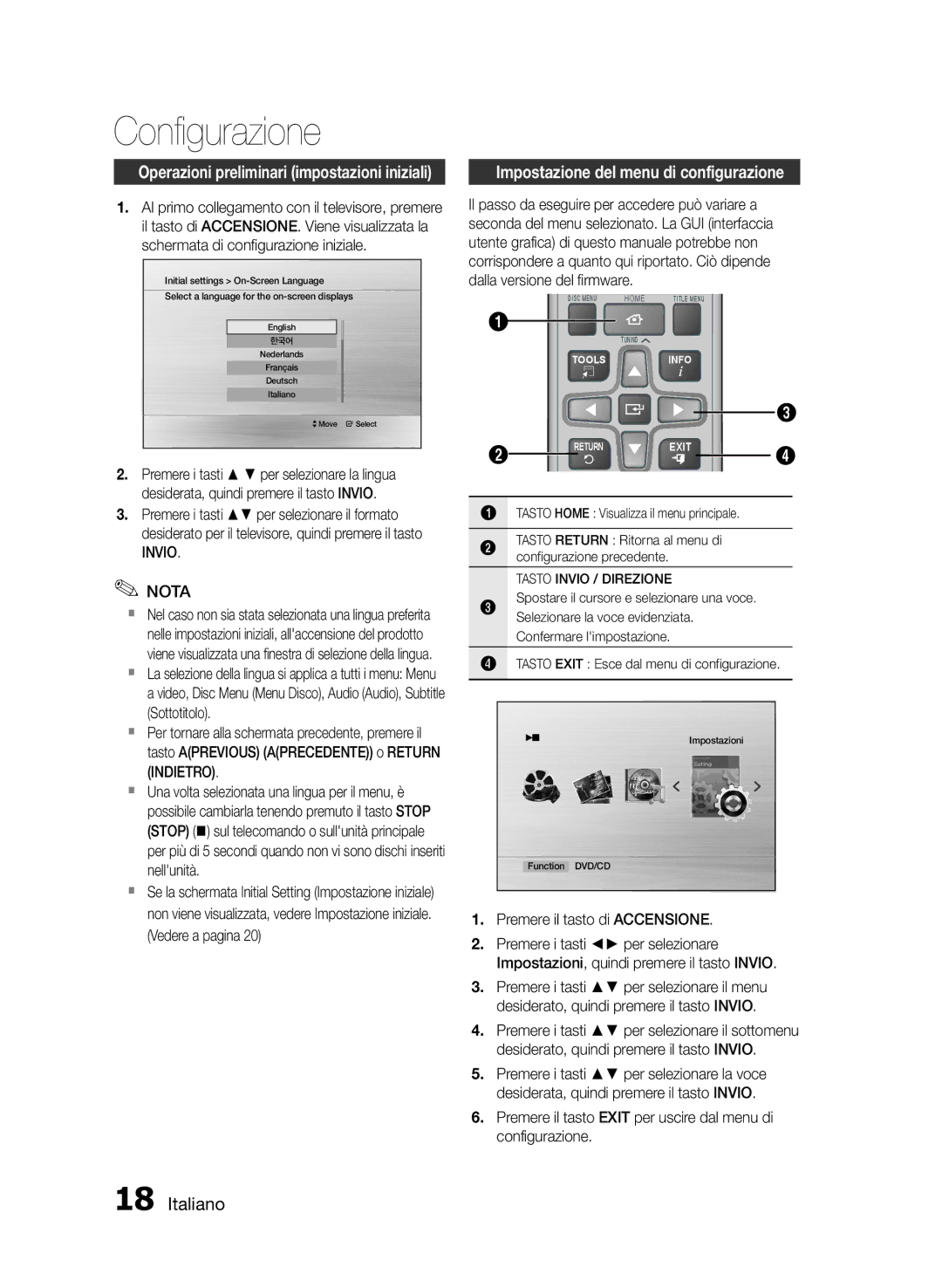 Samsung HT-E330/EN Configurazione, Impostazione del menu di configurazione, Invio Nota, Premere il tasto di Accensione 