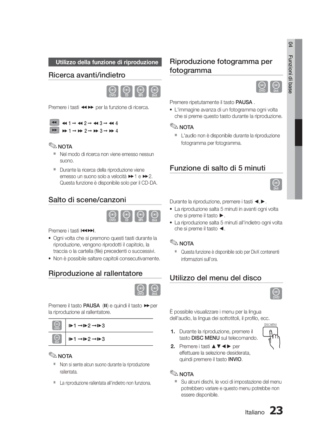 Samsung HT-E330/XE, HT-E330/EN Ricerca avanti/indietro, Salto di scene/canzoni, Fotogramma, Riproduzione fotogramma per 