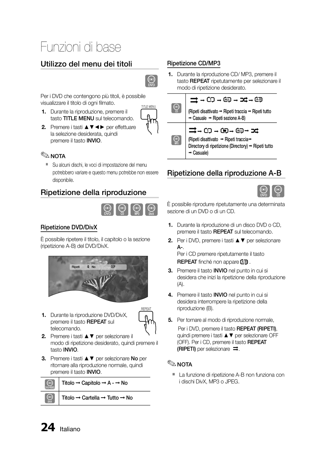 Samsung HT-E330/EN, HT-E330/ZF Utilizzo del menu dei titoli, Ripetizione della riproduzione A-B, Ripetizione DVD/DivX 