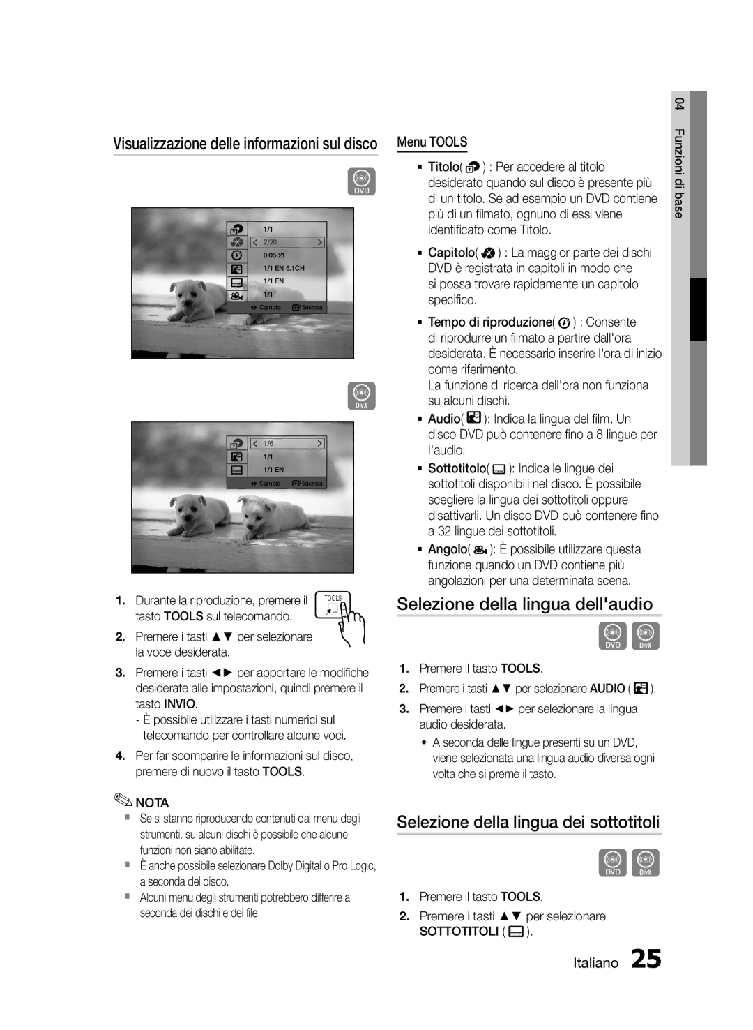 Samsung HT-E330/ZF, HT-E330/EN manual Selezione della lingua dellaudio, Selezione della lingua dei sottotitoli, Menu Tools 