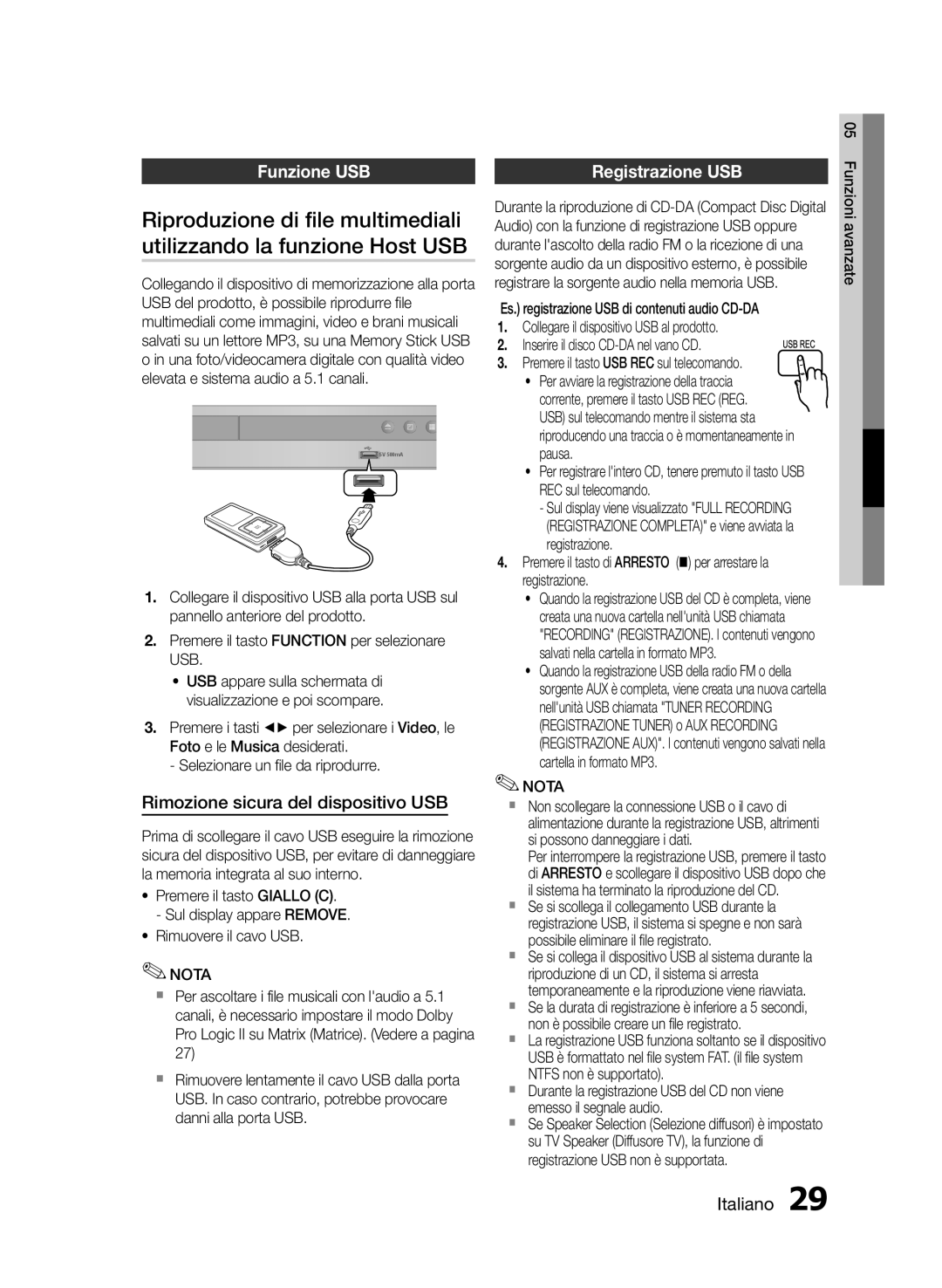 Samsung HT-E330/XE Riproduzione di file multimediali, Utilizzando la funzione Host USB, Funzione USB Registrazione USB 