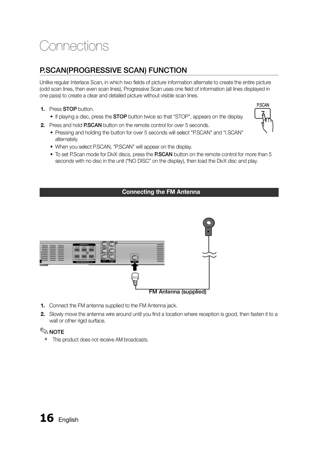 Samsung HT-E330/ZF, HT-E330/EN, HT-E330/XE manual Scanprogressive Scan Function, Connecting the FM Antenna, Press Stop button 