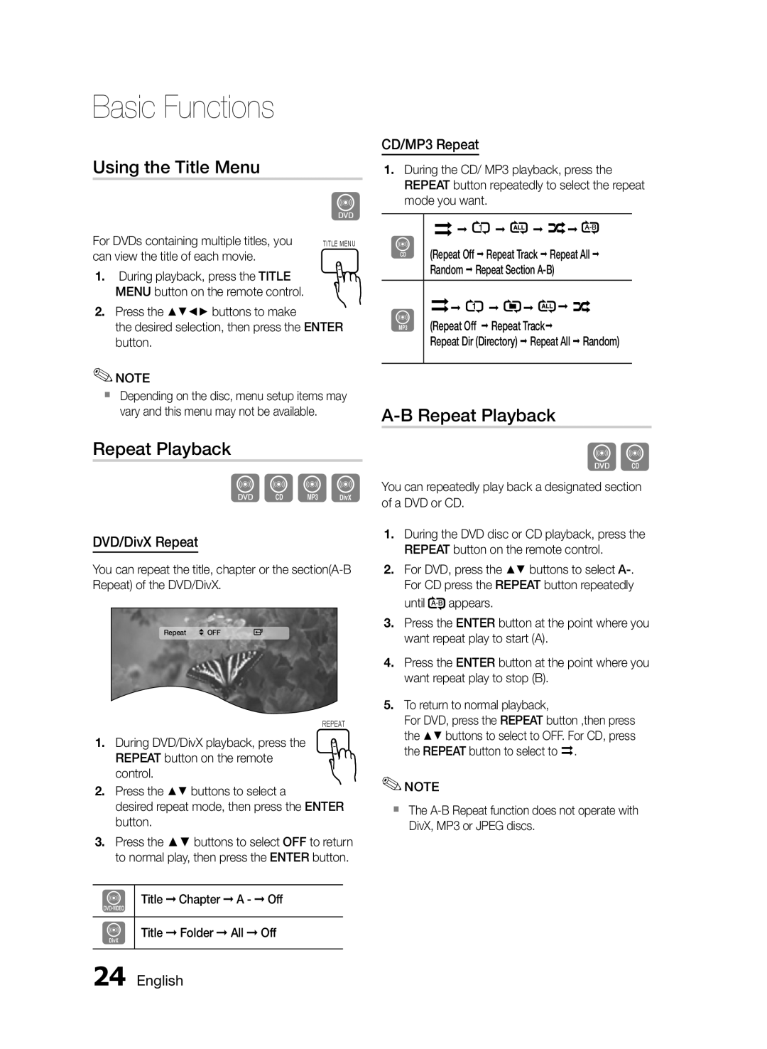 Samsung HT-E330/EN, HT-E330/ZF, HT-E330/XE manual Using the Title Menu, Repeat Playback, DVD/DivX Repeat, CD/MP3 Repeat 