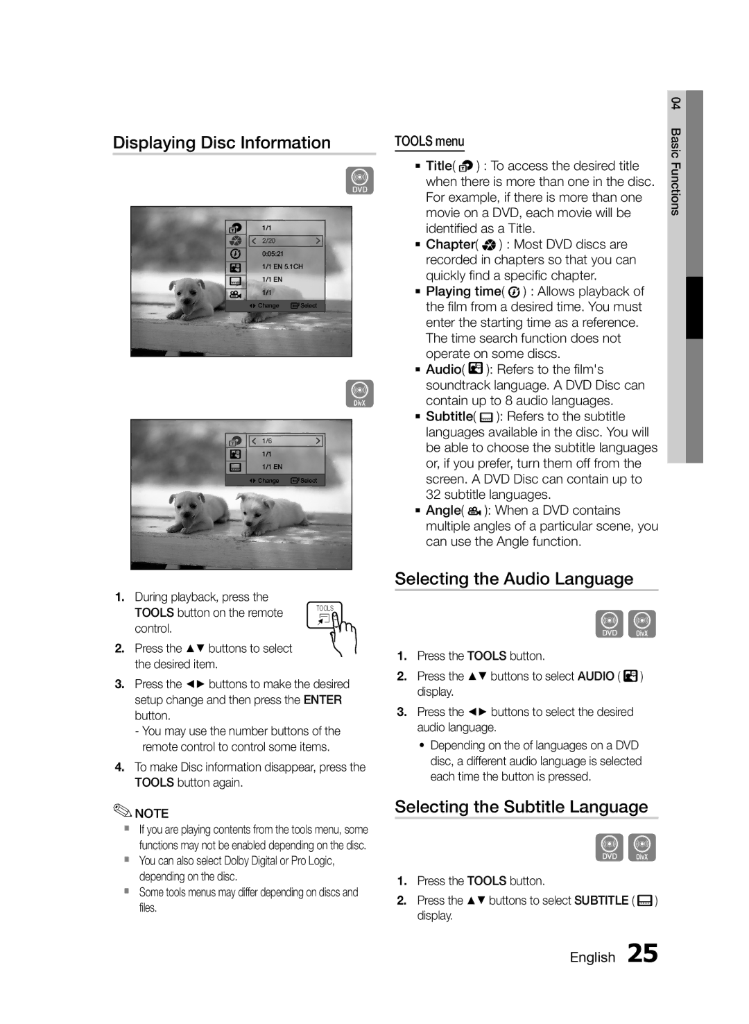 Samsung HT-E330/ZF, HT-E330/EN Displaying Disc Information, Selecting the Audio Language, Selecting the Subtitle Language 