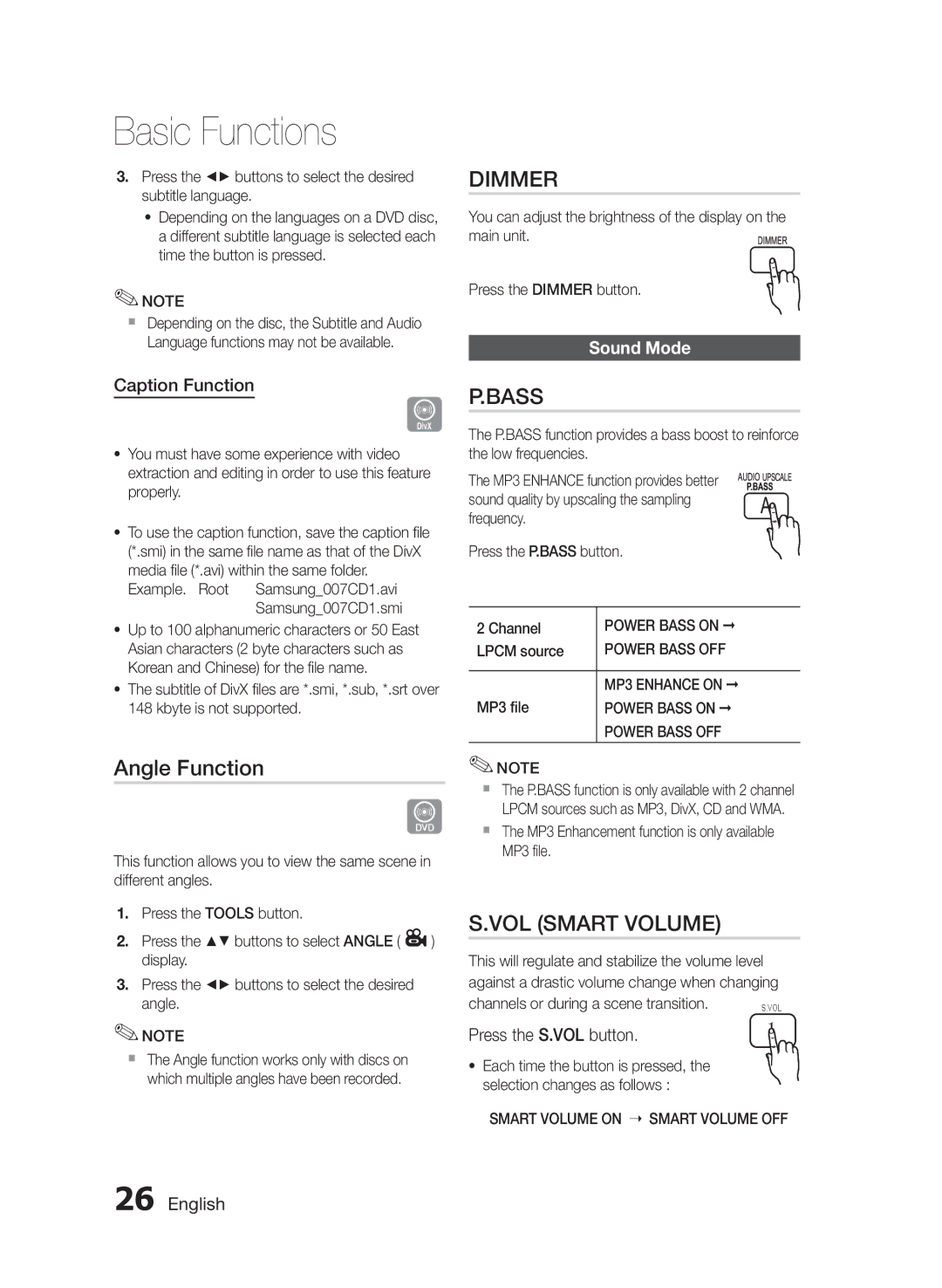 Samsung HT-E330/XE, HT-E330/EN, HT-E330/ZF manual Angle Function, Dimmer, Bass, VOL Smart Volume, Sound Mode 