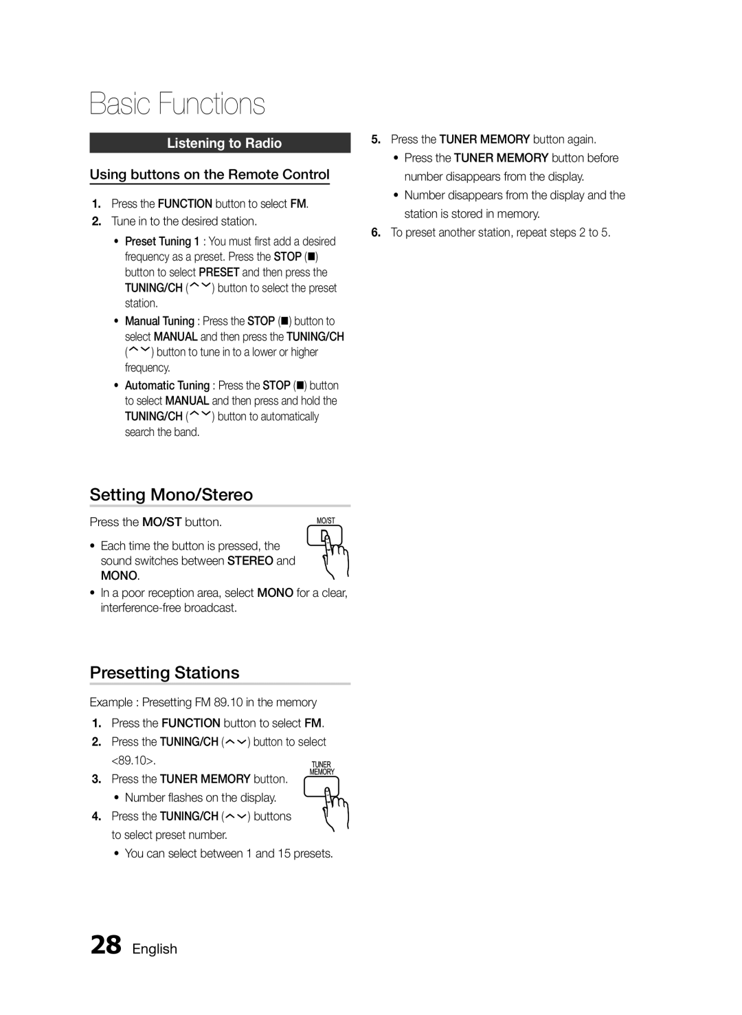 Samsung HT-E330/ZF manual Setting Mono/Stereo, Presetting Stations, Listening to Radio, Using buttons on the Remote Control 