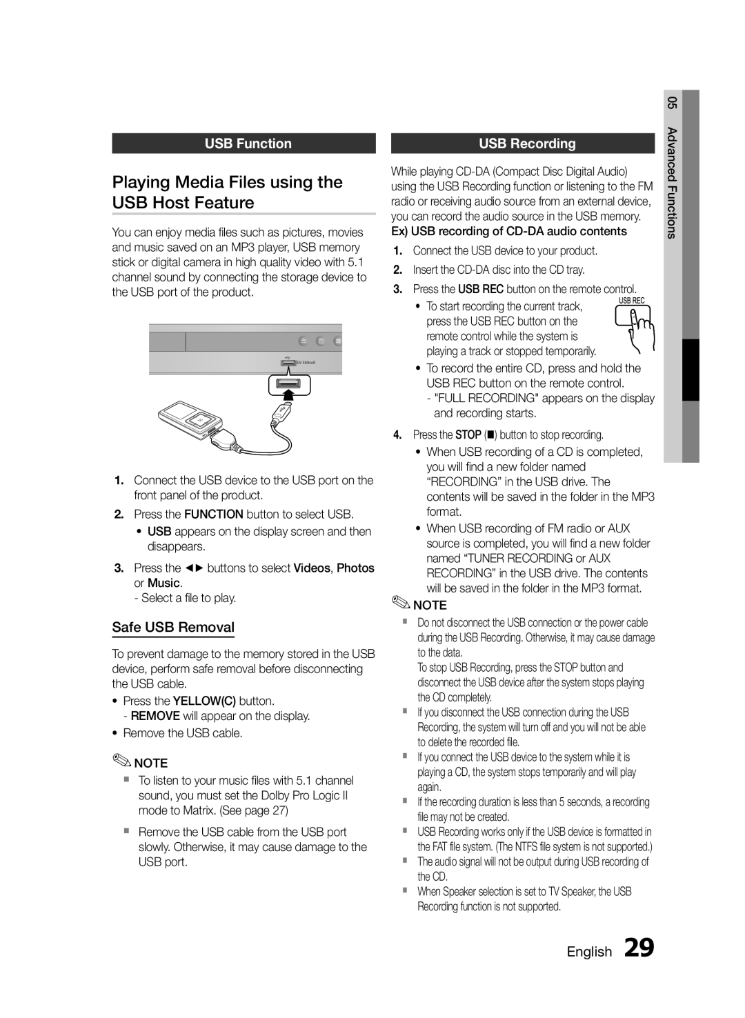 Samsung HT-E330/XE, HT-E330/EN Playing Media Files using, USB Host Feature, USB Function USB Recording, Safe USB Removal 