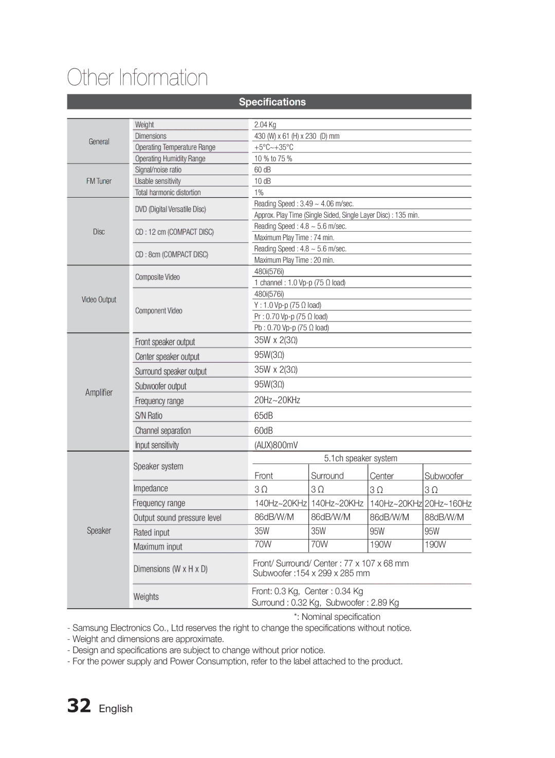 Samsung HT-E330/XE, HT-E330/EN, HT-E330/ZF manual Specifications 