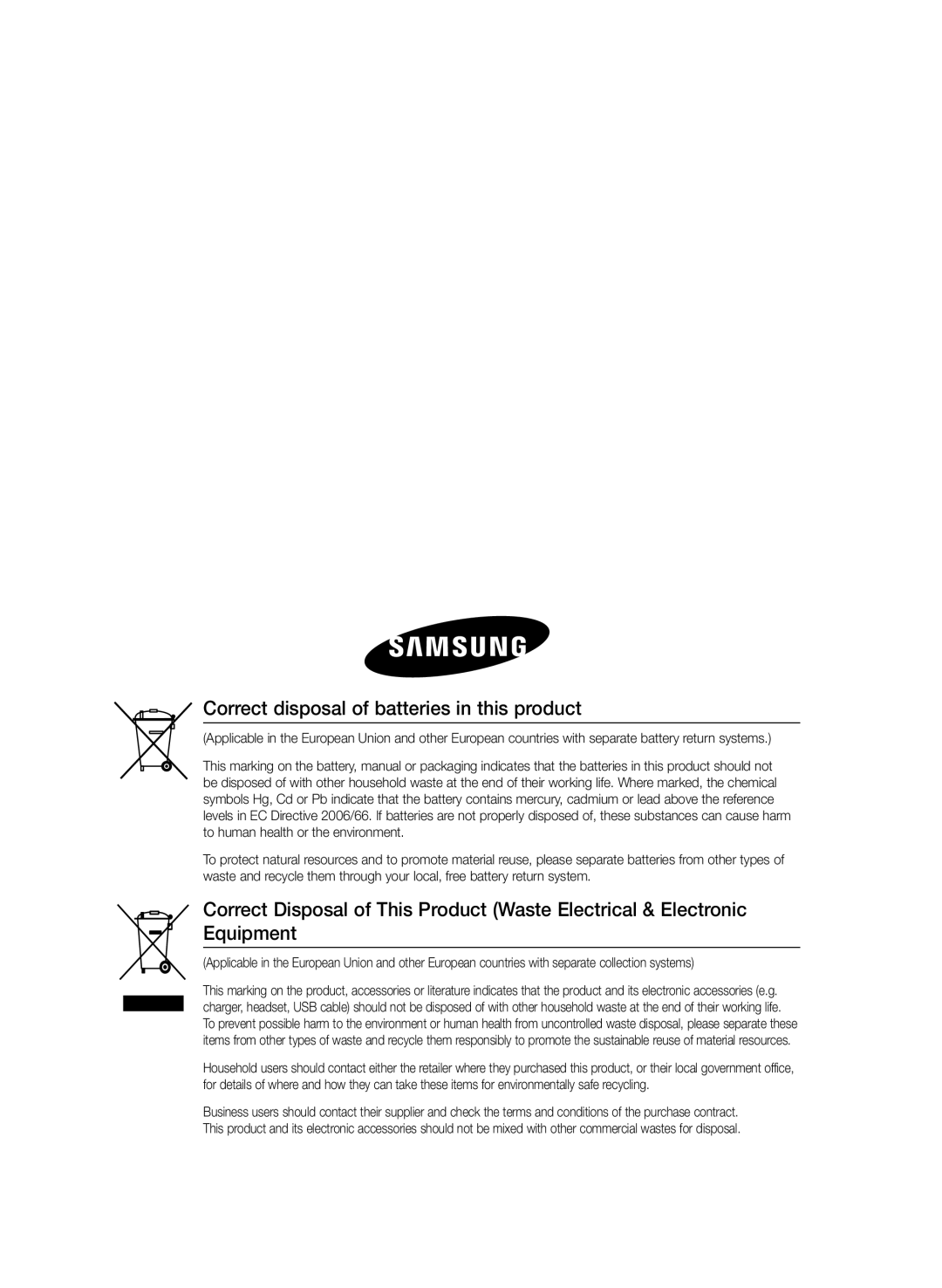 Samsung HT-E330/EN, HT-E330/ZF, HT-E330/XE manual Correct disposal of batteries in this product 