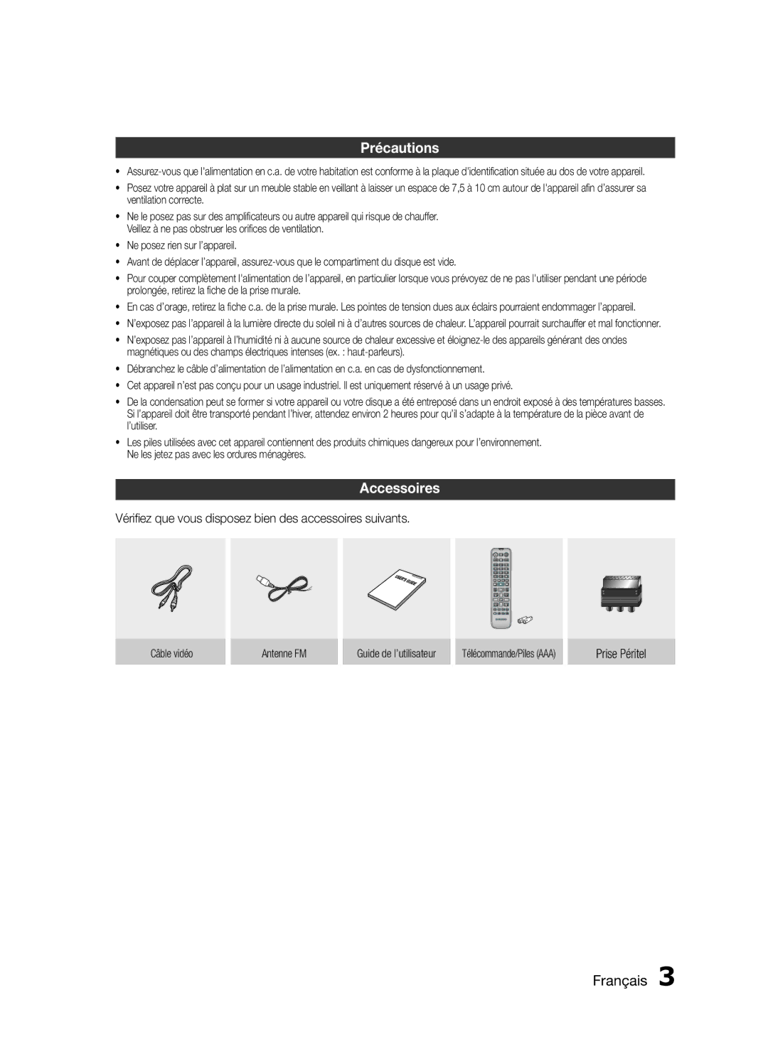 Samsung HT-E330/EN manual Précautions, Accessoires, Vérifiez que vous disposez bien des accessoires suivants, Prise Péritel 