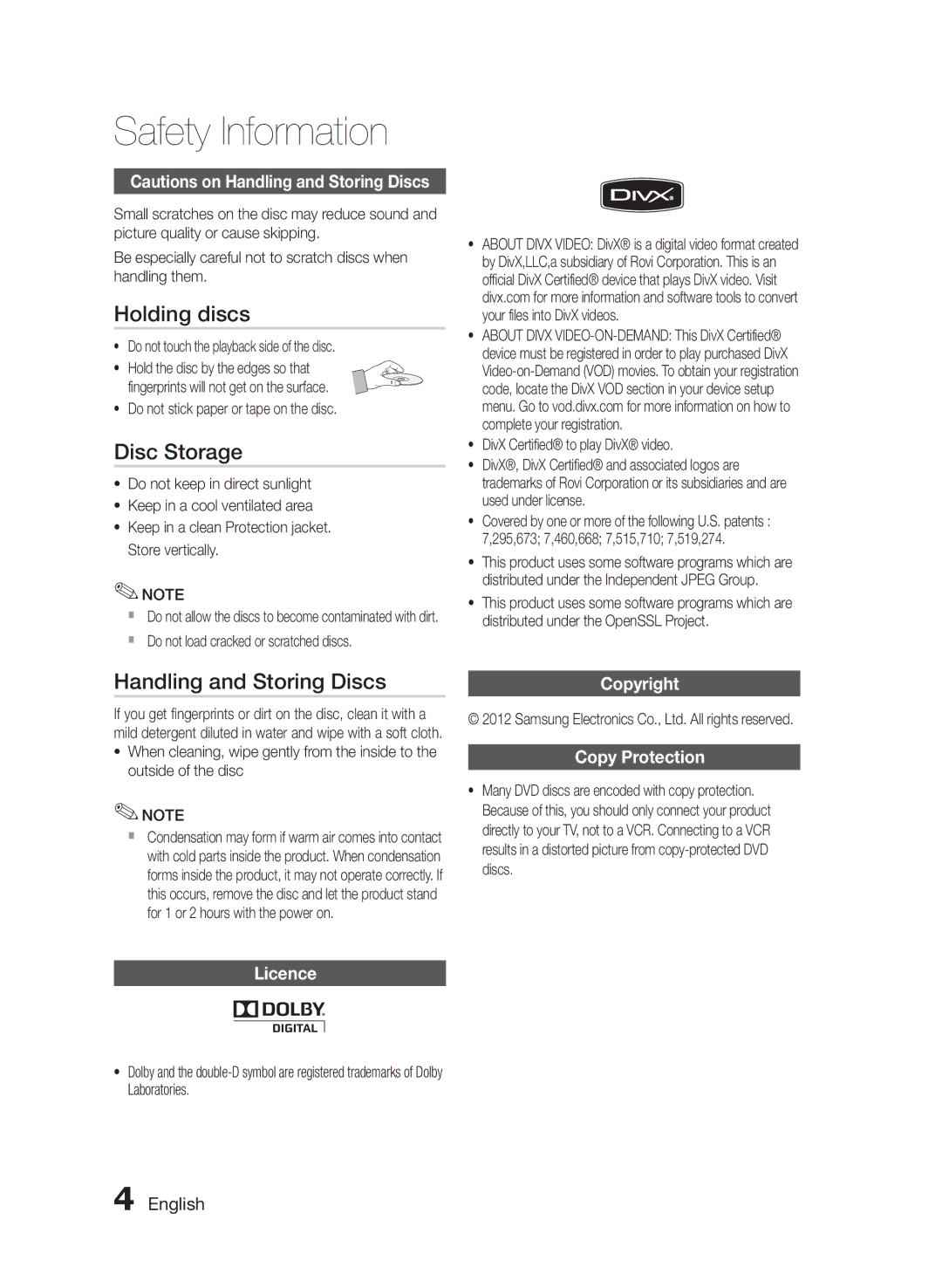 Samsung HT-E330/ZF, HT-E330/EN Holding discs, Disc Storage, Handling and Storing Discs, Licence, Copyright Copy Protection 