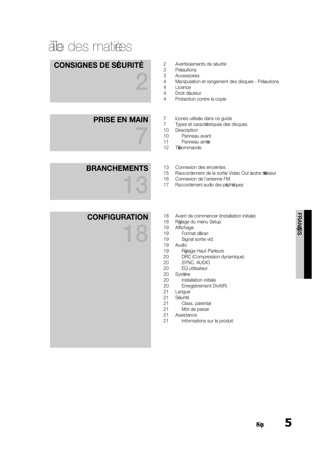 Samsung HT-E330/XE, HT-E330/EN, HT-E330/ZF manual Table des matières 