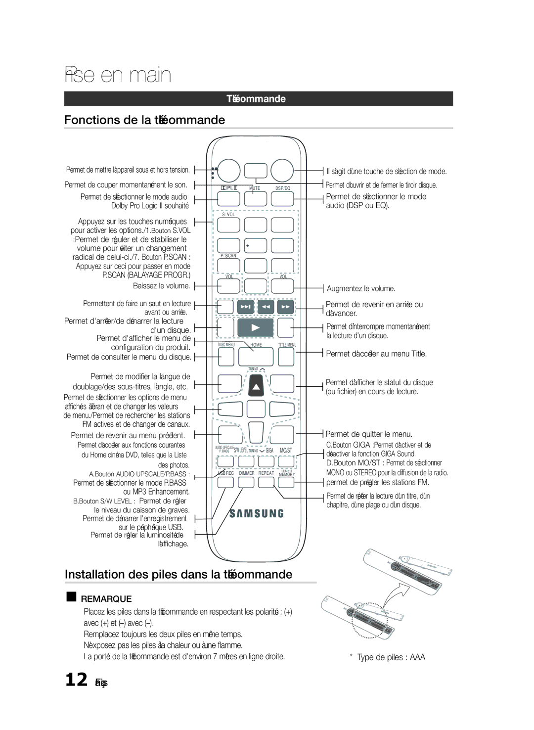 Samsung HT-E330/EN, HT-E330/ZF Fonctions de la télécommande, Installation des piles dans la télécommande, Télécommande 